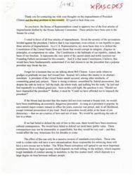 ["The document discusses the impeachment of President Clinton and the drug problem in the country. The author explains why they voted in favor of impeachment, emphasizing the importance of upholding the rule of law. They also criticize the administration's handling of the war on drugs and discuss legislative efforts to combat drug abuse. The author emphasizes the need for a societal change in attitudes towards drug use and expresses commitment to addressing the issue at the federal level."]