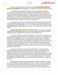 ["The document discusses the National Instant Check System for gun purchasers and the impeachment of President Clinton. It mentions the expiration of the Brady Law's waiting period for handgun purchases and the passage of H.R. 4328 prohibiting user fees for NICS and requiring the FBI to destroy background information. The document also explains the author's vote in favor of all four articles of impeachment against President Clinton, emphasizing the importance of upholding the rule of law and defending the Constitution. The author believes that failing to impeach the president would set a dangerous precedent and undermine the integrity of the nation's democracy."]