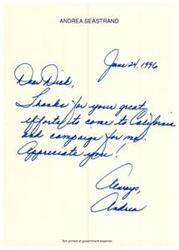 ["Andrea Seastrand thanks the recipient for their efforts in campaigning for her in California and expresses appreciation. She signs off with \"Change Andrea.\" The document was not printed at government expense."]