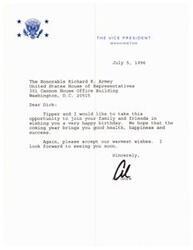 ["The Vice President Al Gore sent a letter to Representative Richard K. Armey wishing him a happy birthday and sending warm wishes for good health, happiness, and success in the coming year. Gore also expressed his hope to see Armey soon."]