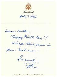 ["John Ashcroft sends a birthday message to Oath, wishing them a happy birthday and hoping that the year ahead will be their best yet. The message is signed by John and includes his position in the United States Senate."]