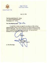 ["Jerry Weller, a member of the United States , thanks Richard K. Armey for providing his office with an extra gallery ticket to the Joint Session of address by Prime Minister Netanyahu. Weller expresses gratitude for the opportunity for his constituent to attend the event and offers to assist Armey in the future."]