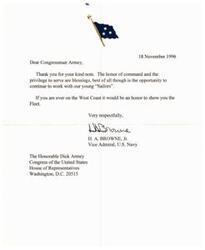 ["The author, Vice Admiral H.A. Browne Jr., thanks man Armey for his note and expresses gratitude for the opportunity to work with young sailors. Browne extends an invitation for Armey to visit the Fleet on the West Coast."]