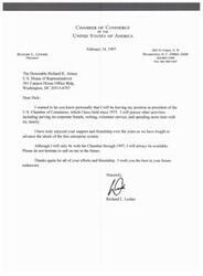 ["Richard L. Lesher, the president of the U.S. Chamber of Commerce since 1975, is leaving his position to pursue other activities. He thanks the recipient, Richard K. Armey, for his support and friendship in advancing the ideals of the free enterprise system. Lesher assures Armey that he will still be available for assistance in the future."]