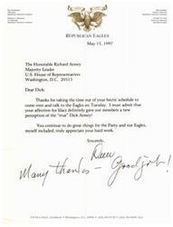 ["The document is a letter dated May 15, 1997 from the Republican Eagles to the Honorable Richard Armey, Majority Leader of the U.S. House of Representatives. The document thanks Armey for speaking to the Eagles and acknowledges his hard work for the Party."]