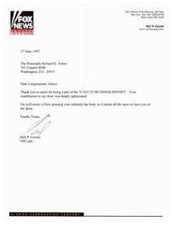 ["The document is a thank you letter from Neil P. Cavuto, Anchor and Managing Editor of FOX News, to man Richard K. Armey for appearing on the \"CAVUTO BUSINESS REPORT.\" Cavuto expresses his appreciation for Armey's contribution to the show despite his busy schedule."]