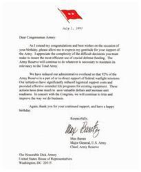 ["The document is a thank you note from Major General Max Baratz to man Dick Armey for his support of the Army Reserve. Baratz expresses gratitude for Armey's efforts to ensure efficient use of defense funding and outlines the Army Reserve's initiatives to reduce costs and increase readiness. The document also wishes Armey a happy birthday and emphasizes continued collaboration to improve operations."]