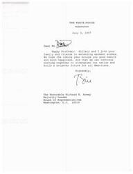 ["The White House sent a birthday greeting to Mr. Arel Leader, wishing him good health and happiness in the coming year. They expressed a desire to continue working together to strengthen the nation and build a brighter future for all Americans."]
