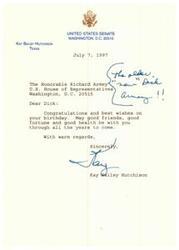 ["Senator Kay Bailey Hutchison wishes Representative Richard Armey a happy birthday and extends her best wishes for good friends, good fortune, and good health in the years to come."]