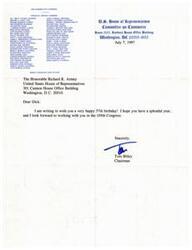 ["The document is a list of members of the U.S. House of Representatives Committee on Commerce, and a birthday message from Chairman Tom Bliley to Representative Richard K. Armey."]
