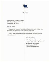 ["Major General Robert A. McIntosh of the Air Force Reserve wishes man Richard K. Armey a happy birthday and offers assistance if needed."]