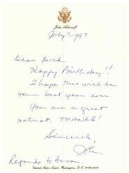 ["John Ashcroft wishes Dick a happy birthday and expresses gratitude for his patriotism. He hopes that this year will be the best yet for Dick. The document is signed by John and addressed to Arron at the United States Senate."]