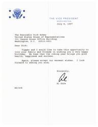 ["Vice President Al Gore wishes Representative Dick Armey a happy birthday and sends warm wishes for good health, happiness, and success in the coming year. Gore looks forward to seeing Armey soon."]