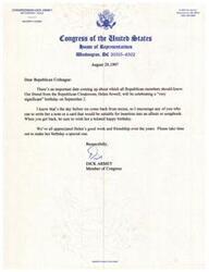 ["man Dick Armey is informing his Republican colleagues of an upcoming important birthday for a friend in the Republican Cloakroom, Helen Sewell. He encourages them to send her a note or card before their return from recess and to wish her a belated happy birthday. Armey emphasizes the appreciation for Helen's work and friendship and asks his colleagues to make her birthday special."]