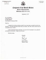 ["man Dick Armey congratulates Dr. Joe Marshall on receiving his doctorate and expresses his pride and support. He offers assistance in the future and looks forward to seeing him soon."]