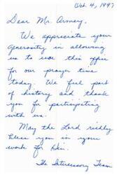 ["The Intercessory Team expresses gratitude to Mr. Armey for allowing them to use his office for prayer time. They feel a sense of history and thank him for participating with them. They also offer blessings for his work."]