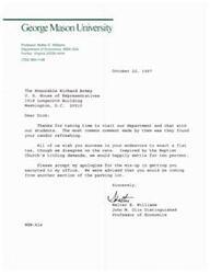["Professor Walter E. Williams of George Mason University writes to man Richard Armey thanking him for visiting their department and speaking with students. The students appreciated Armey's candor. Williams expresses support for Armey's efforts to enact a flat tax, suggesting a ten percent rate inspired by tithing demands. Williams apologizes for a mix"]