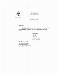 ["Dick Armey responds to a letter from Thomas Sowell, allowing Sowell to list him as a slow talker as long as he does not portray him as a slow learner."]