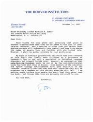 ["The author, Thomas Sowell, thanks House Majority Leader Richard K. Armey for sharing that he was a late"]