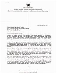 ["The document is a thank you note to man Richard Armey for his speech criticizing socialism in Israel and advocating for limited government and freedom. The document argues that socialism in Israel is leading to a loss of freedom and private institutions, and that the U.S. is following a similar path. It also criticizes Israeli military doctrine and the use of aid money to prop up the socialist state."]
