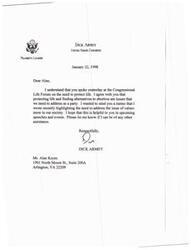 ["Dick Armey, the Majority Leader in the United States Congress, wrote a letter to Alan Keyes expressing agreement on the need to protect life and find alternatives to abortion. Armey also shared a memo he wrote on addressing values in society, offering it as a resource for Keyes' speeches and events. He offered further assistance if needed."]