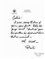 ["The document is a thank you note from Cake Roberts to Dick Armey, the Majority Leader of the United States Congress, for sending a note of encouragement after Roberts broke his foot. Roberts also mentions being in need of some cheering up due to the current state of affairs."]