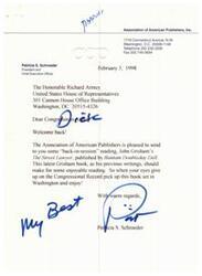 ["The President and CEO of the Association of American Publishers, Patricia S. Schroeder, sent a copy of John Grisham's The Street Lawyer to Congressman Richard Armey. Armey thanked Schroeder for the book and expressed his appreciation."]