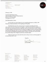 ["The National Endowment for Democracy awarded Wei Jingsheng and Wang Dan for their achievements in democratic development. The document expresses gratitude to Representative Armey for his participation in the award presentation and for his ongoing support of the Endowment. The ceremony serves as a platform for solidarity with those who advocate for political and human rights, including individuals like Wang Dan who remain imprisoned. The document acknowledges the importance of encouraging and sustaining individuals in their struggle for democracy and human rights."]