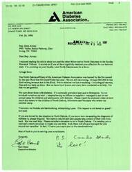 ["The document is from the North Dakota affiliate of the American Diabetes Association, requesting Representative Dick Armey for a donation to help them recover from a fire caused by a flood. They lost fundraising revenue and have been working hard to continue their programs, including a camp for children with diabetes. They ask for help in rebuilding and supporting those with diabetes in the community."]