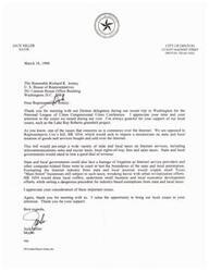 ["The Mayor of Denton, Jack Miller, thanks Representative Richard K. Armey for meeting with the Denton delegation during a recent trip to Washington. He expresses concerns about Representative Cox's bill, HR 1054, which would impose a moratorium on state and local taxation of goods and services bought and sold over the Internet. Miller believes this bill would harm local governments, small businesses, and urban revitalization efforts. He urges Representative Armey to consider these issues and thanks him for his support."]