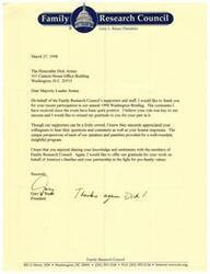 ["The document is a thank you note from Gary L. Bauer, President of the Family Research Council, to the Honorable Dick Armey for his participation in their annual Washington Briefing. Bauer expresses his gratitude for Armey's role in the event and appreciates his willingness to engage with supporters. He also thanks Armey for his work on behalf of America's families and partnership in promoting pro-family values."]