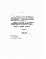 ["Congressman Dick Armey commends Jim for his bold ad in USA Today addressing the moral issues in America following the tragic events in Jonesboro. Armey believes it is up to people like them to restore morality and responsibility in the nation. He expresses gratitude for the ad and suggests they talk soon."]