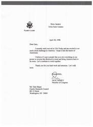 ["Dick Armey, Majority Leader of the United States Congress, commends Gary Bauer for his bold challenge to America in an advertisement in USA Today. Armey believes it is up to people like them to reverse destructive trends and bring America back to its roots. He thanks Bauer for his hard work and looks forward to continuing to work together."]