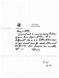["Dick Armey, the Majority Leader of the United States Congress, sends a letter expressing condolences to Cathy, Susan and , and 2 others on the loss of their father. He acknowledges that it is a difficult time and urges them to take care of each other and their family. The document is signed by Dink Miller and dated 2/11/99."]