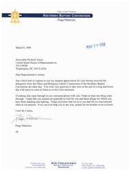 ["The President of the Southern Baptist Convention, Paige Patterson, expresses gratitude to Representative Richard Armey for meeting with a delegation from the Ethics and Religious Liberty Commission. Patterson mentions their appreciation for Armey's work and offers assistance in return. Patterson ends the letter with a message of support and prayer."]