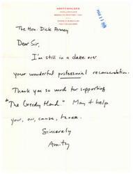 ["Amity Shales, residing at 15 Willow Place in Brooklyn, New York, expresses gratitude to the Dick Anney for his recommendation of her work, \"The Greedy Hand.\" She thanks him for his support and hopes the book will aid in their cause regarding taxes. Contact information provided includes phone number (718) 834-0160 and fax number (718) 643-6850."]