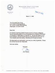 ["The document is a thank-you letter from John Raisman, the director of the Hoover Institution at Stanford University, to Dick Armey for speaking at a Board meeting on February 23. Raisman expresses gratitude for Armey's illuminating remarks and offers to reciprocate the favor."]