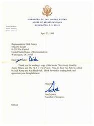 ["Sue Myrick, a member of Congress from North Carolina, thanks Majority Leader Dick Armey for sending her copies of two books on tax reform. She expresses her appreciation and looks forward to reading them."]
