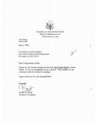 ["Congressman Bart Stupak thanks Congressman Dick Armey for sending him the book \"The Greedy Hand\" by Amity Shales. He expresses his gratitude and appreciation for the thoughtful gesture."]