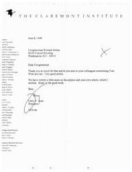 ["The Claremont Institute, a conservative think tank, thanks Congressman Richard Armey for mentioning their work in an article and sends him additional information on the subject. The document is signed by various members of the institute's leadership and includes a list of officers and distinguished fellows."]