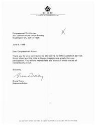 ["The document is thanking Congressman Dick Armey for his contribution to the book \"250 Ways to Make America Better\" and expressing gratitude for his participation. The sender, Bruce Tracy, the Executive Editor at Villard, mentions that the book is something they are all proud of."]