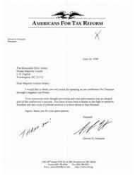["The document is a thank you note from Grover Norquist, President of Americans for Tax Reform, to House Majority Leader Dick Armey for speaking at their conference on judicial taxation. Norquist expresses gratitude for Armey's participation, describes his comments as thought-provoking, and acknowledges Armey's leadership in preserving freedom."]