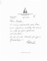 ["United States Representative Richard H. Baker from Louisiana thanks the recipient for hosting an event, their generous contribution, and their friendship. The document is not paid for at government expense."]