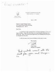 ["Todd Tiahrt, a member of Congress, is writing a birthday letter to Majority Leader Richard Armey, wishing him a happy birthday and expressing appreciation for their friendship. Todd Tiahrt hopes that Richard Armey has a joyous birthday and many more in the future."]