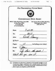 ["The fax transmittal cover sheet is from Congressman Dick Armey, containing a letter from Arnold E. Petsche about a fishing rod made for Armey by a friend. Petsche also includes a picture from a recent trip to Alaska. The document expresses gratitude for Armey's kind words and mentions a cancelled breakfast where the fishing rod was meant to be given in person."]