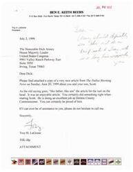 ["The document is a letter from Troy H. LaGrone to Dick Armey, praising him and his son Scott for their political careers and personal achievements. The document also mentions a newspaper article about Dick and Scott, and expresses admiration for their relationship as father and son."]