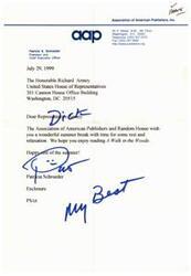 ["The document from the Association of American Publishers and Random House wishes Representative Dick Armey a pleasant summer break and recommends the book \"A Walk in the Woods\" for his enjoyment."]
