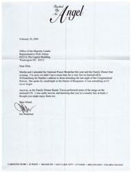 ["The document is a letter from Jon Andersen to Representative Dick Armey, mentioning attending the National Prayer Breakfast and Family Dinner, where Randy Travis performed. Jon thought Dick, being a country boy at heart, would enjoy the songs on the enclosed CD."]