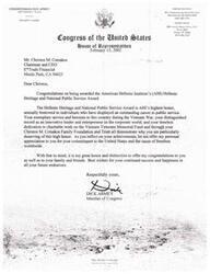 ["Congressman Dick Armey congratulates Christos M. Cotsakos on receiving the American Hellenic Institute's Hellenic Heritage and National Public Service Award. He praises Cotsakos for his service in the Vietnam War, leadership in the corporate world, and charitable work. Armey expresses his appreciation for Cotsakos' commitment to the United States and freedom worldwide, and wishes him continued success and happiness in the future."]