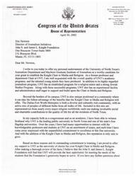 ["Congressman Dick Armey writes a letter endorsing the University of North Texas's Journalism Department for a grant to establish the Knight Chair in Media and Religion. He highlights the quality of UNT's academic programs, the diverse community in the Dallas-Fort Worth Metroplex, and the university's commitment to excellence. He believes UNT is the perfect fit for the Knight Chair and offers his support for the university to receive the grant."]